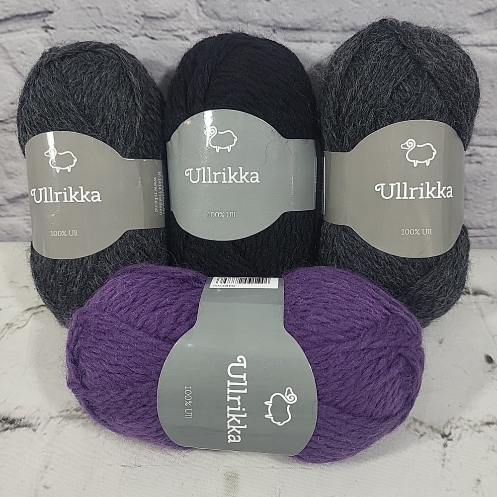 Ullrikka Swedish Wool Yarn 100% Ull‎ Lot Of 4 Mini Skeins Black Gray Purple New